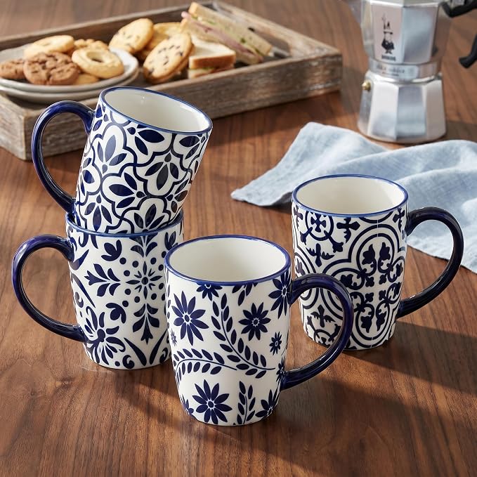 glowworm Coffee Mugs, 16 Ounce Ceramic Coffee Cups Set of 4, Large Latte Cups with Handle for Tea, Mocha, Milk, Perfect for Family Kitchen & Holiday Gifts, Dishwasher & Microwave Safe, Blue & White
