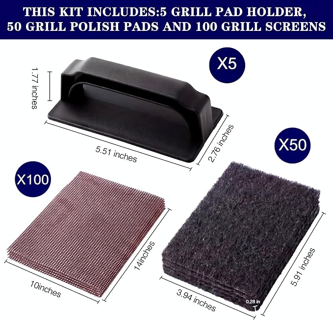 Reallnaive 155 Pcs Griddle Cleaning Kit Screen Holder Grill Screens Cleaning Pads Heavy Duty Abrasive Mesh Pads for Flat Tops, Cast Iron, Stainless Steel Griddle Cleaner Accessories Bundle (Black)
