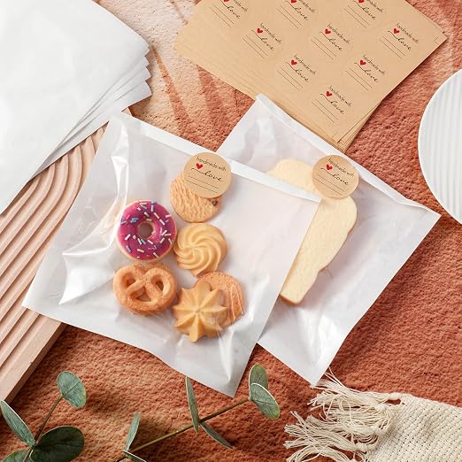 Outus 400 Pcs Cookie Packaging Bags with Seal, 7.1 x 7.5 Inch Bakery Pastry Bags with Window, Heat Sealable Grease Resistant Paper to Go Bake Sleeves for Gift Giving Donut Bread Sandwich (White)