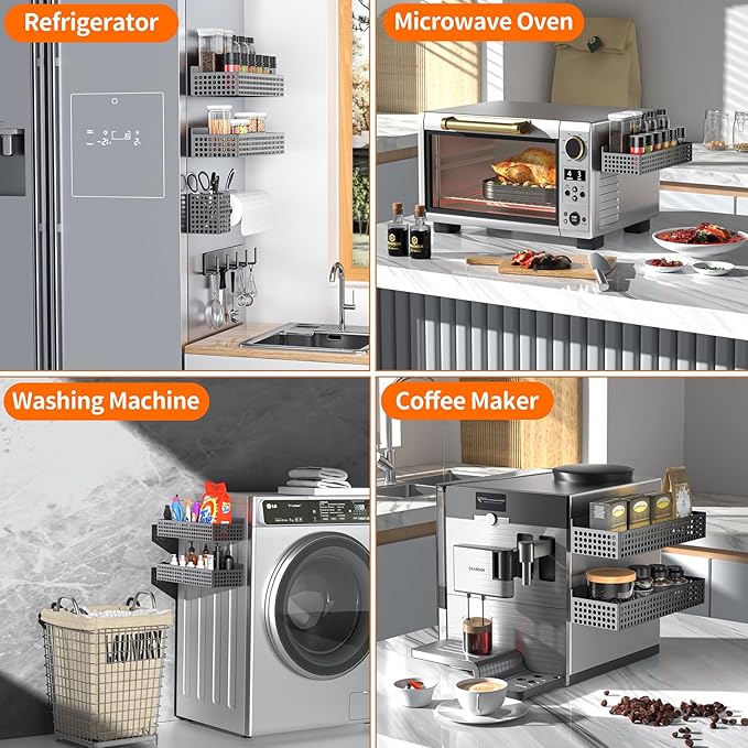 Magnetic Spice Rack for Refrigerator 2 Tiers and Paper Towel Holder and Utensil Holder, Magnetic Refrigerator Organizer, Strong Magnetic Fridge Shelf, Side Fridge Storage Rack for Kitchen