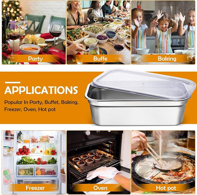 8 Pcs 304 Stainless Steel Food Storage Containers with Lids 1/3 Size Hotel Pan Chicken Food Grade Pans Metal Meal Containers for Restaurant Stackable Kitchen Freezer Buffet(4 Inch Deep)