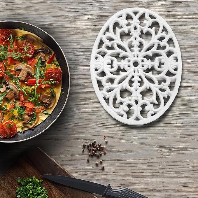 Sumnacon 2 Pcs Oval Cast Iron Trivet - Antique Heat Resistant Metal Trivet for Hot Dish Pot Pan Teapot, Vintage Well Made Hot Plate Pad for Kitchen Dining Countertop Table,White