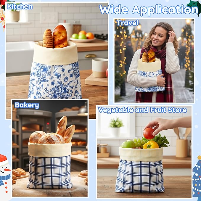 Reusable Beeswax Bread Bags - 2 Pack Bees Wax Homemade Sourdough Bread Storage Bags, Linen Cotton Large Beeswax Freezer for Home Kitchen Baking (Blue White Checkered, Flower)
