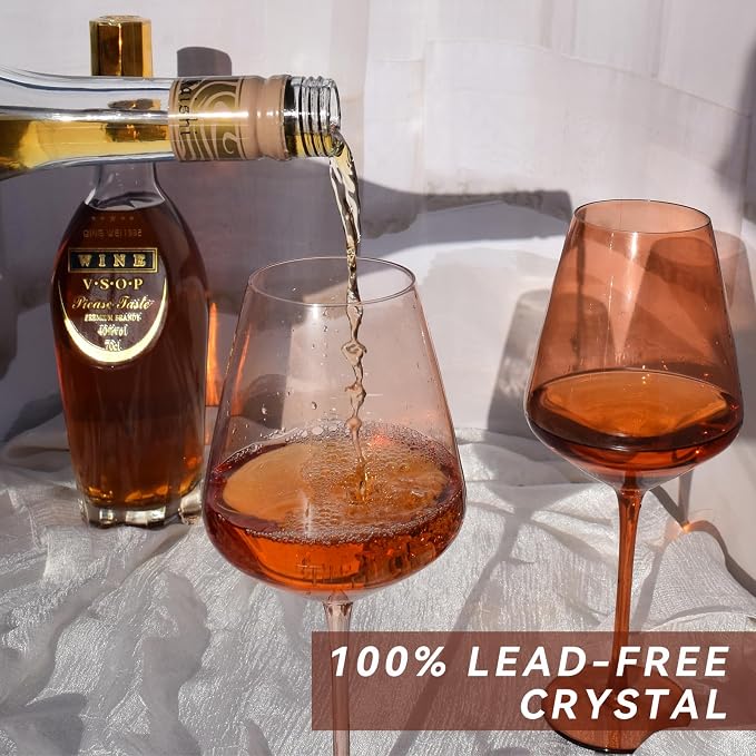 Colored Wine Glasses Set of 6, 19.5oz Stemmed Amber Wine Glasses, Brown Colorful Large Glasses with Long Stem, Hand-Blown, Ideal Gift For Daily Use, Special Occasions, Wedding, Anniversary