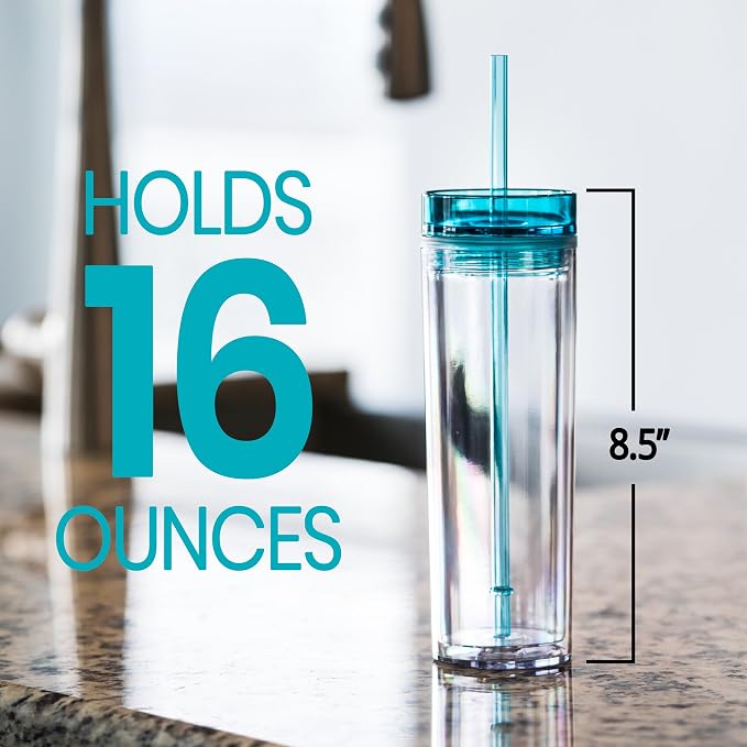 STRATA CUPS 12 Colored Skinny Tumblers with Lids and Straws | 16oz Reusable Cup Double-Wall Clear Tumbler with Lid and Straw, Durable Acrylic Tumblers With FREE Straw Cleaner & Name Tags