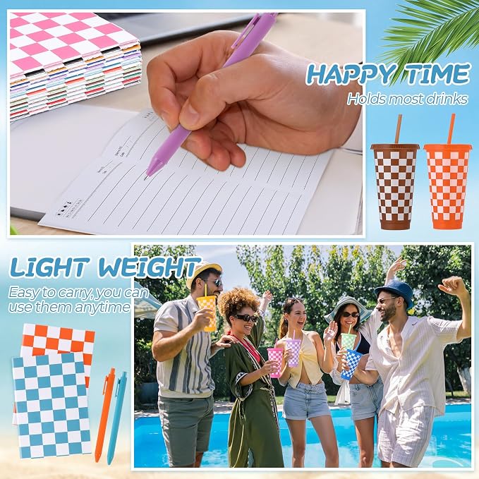 Feifeiya 72 Pcs/ 24 Set Summer Checkered Gifts Bulk 24 oz Checkered Tumbler with Lids and Straws Colorful Pens Notepads Set Plastic Cups Gift for Summer Party Favors Birthday