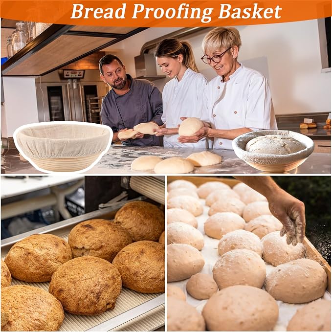 5 Pack Round Banneton Proofing Basket Set 9 Inch, Natural Rattan Sourdough Bread Bowls with Linen Liners, Dough Baking Supplies for Professional & Home Bakers(9" Round, Set of 5)