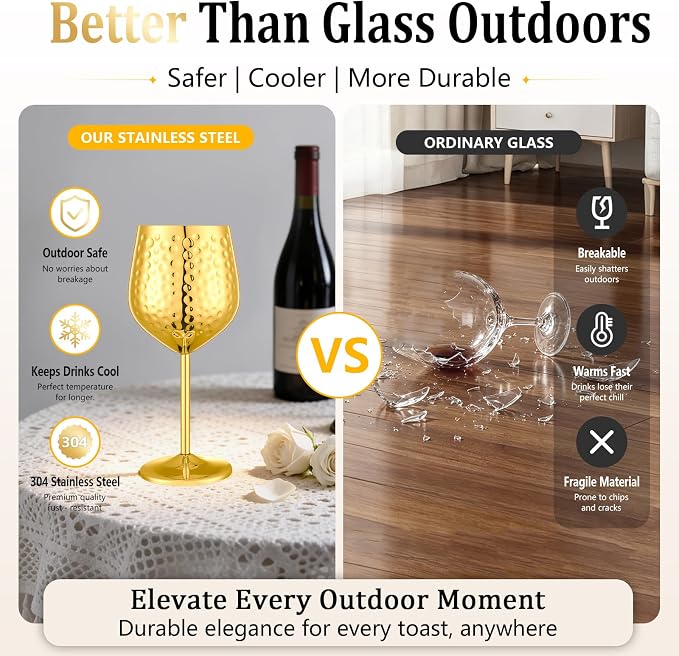 UNISWEET Stainless Steel Wine Glasses Set of 4 Unbreakable (Gold) | 17 oz Large-capacity Hammered Goblets, Lightweight & Reusable, Good for Outdoor, Camping, Pool Travel, Gift for Wine Lovers