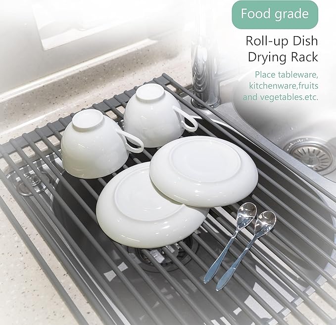Bigdata&BetterLife Roll Up Dish Drying Rack Simple Large Space Saving Dish Drying Mat for Kitchen Foldable Silicone Coated Stainless Steel Heavy Duty Dry Rack(Black, 20.5" x 13.1")