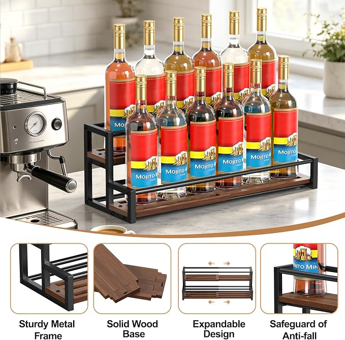 Expandable Coffee Syrup Organizer, Customized Width Syrup Rack & Bottle Holder for Coffee Bar Station (Wooden Base for All Bottle Sizes)