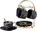 Jusalpha Serve of 4- Hand Printed Golden Matte Ceramic Marble Tea Coffee/Tea Cups with Spoons and Cup Holder, 7OZ -TCS26 (Black/Gold, Serve of 4)