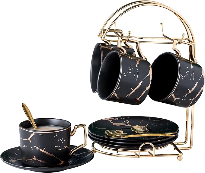 Jusalpha Serve of 4- Hand Printed Golden Matte Ceramic Marble Tea Coffee/Tea Cups with Spoons and Cup Holder, 7OZ -TCS26 (Black/Gold, Serve of 4)