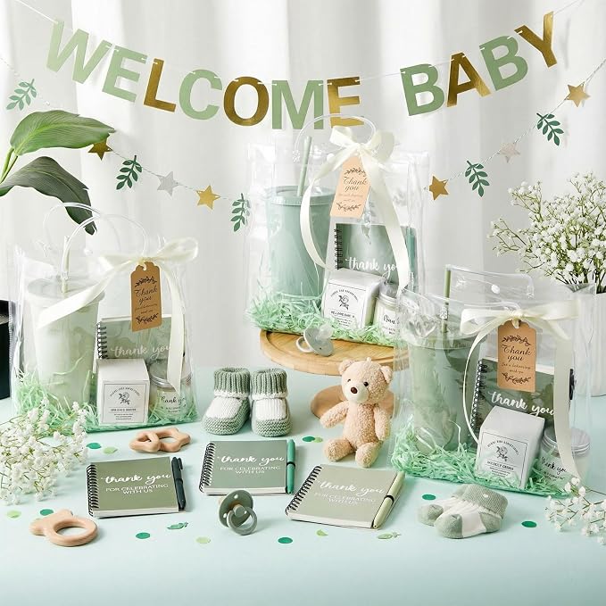 Nuogo 6 Sets New Parent Shower Prizes for Player Winners Adult, Wedding Bridal Shower Gift, Plastic Tumbler Notebook Scented Candle Ballpoint Pen Bag (Gradient Green,Classic Style)