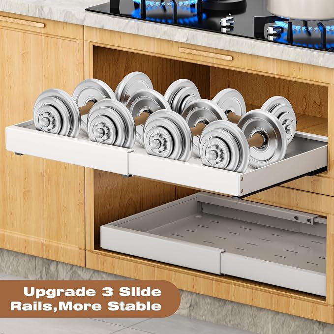 1 Pack Pull Out Cabinet Organizer Expandable,Adjustable 12-21 Inch Width Slide Out Drawer Shelves,Painted Carbon Steel with Heightening Pad,No Drill,for Kitchen/Bathroom/Pantry/Under Sink/Laundry Room