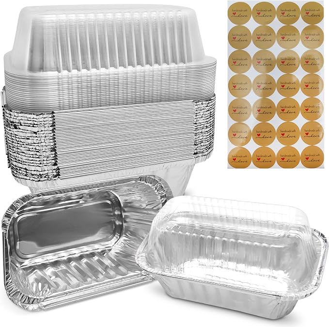 Disposable Mini Aluminum Loaf Pans with Lids & “Handmade with Love” Stickers, 6″ × 3.5″ × 2″, Pack of 25 Perfect for Baking Holiday Baked Bread Mini Cakes, Meatloaf, Banana Bread