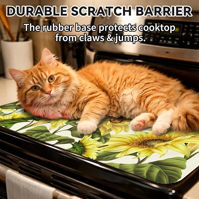 Decorative Stove Top Covers for Electric Stove 28"x20" – Heat Resistant Glass Cooktop Protector Dish Drying Mat – Non-Slip Rubber Backing Washer Top Cover Waterproof Extra Counter Space (Sunflower 2)