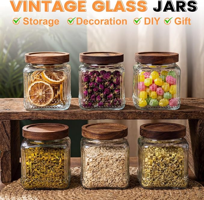 6 Pcs Vintage Glass Storage Jar with Lid 17 oz Glass Containers Stylish Ribbed Pattern Airtight Kitchen Jars Candy Jar for Food Cookies Candy Coffee Tea Beans Grains Storage