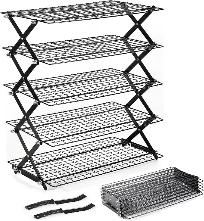 5 Tier Upgraded Collapsible Cooling Rack with Adjustable 3 Setting Design, Stackable Baking Rack with Clean Brush, Roasting Cooking Drying Wire Cooling Rack for Cookies Baking Roasting ＆ Grilling