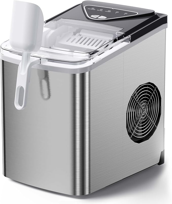 Totnz Countertop Ice Maker Machine - 26lbs in 24Hrs, 9 Ice Cubes Ready in 6 Mins, Auto-Cleaning Portable Ice Maker with Ice Basket, Handles and Scoop, for Home/Kitchen, Stainless Steel