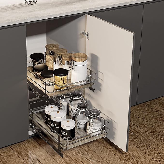 Home Zone Living Pull Out Kitchen Cabinet Organizer with 2 Tiers of Storage for Easy Access, 15”W x 20”D, Satin Nickel with Light Brown, Virtuoso Collection