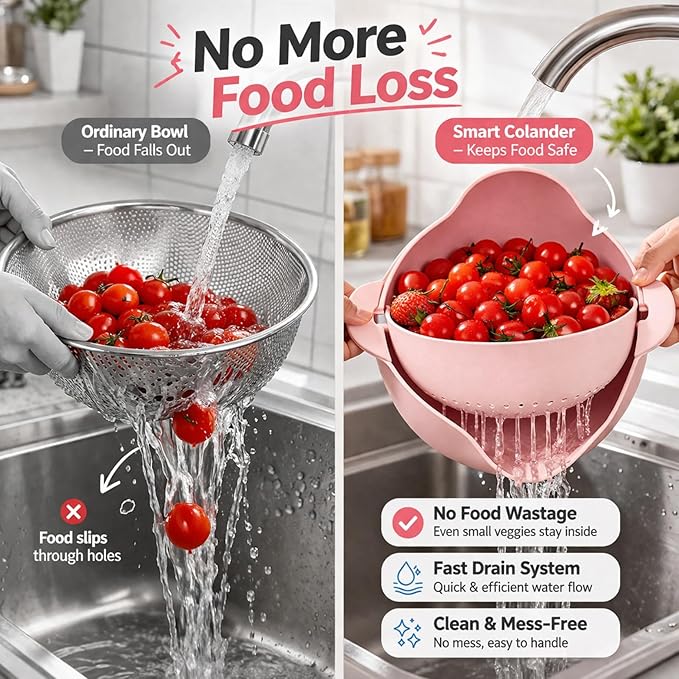 Modern Creative Double Layer Vegetable & Fruit Washing Basket – Durable Plastic Strainer in Pink–Multipurpose Kitchen Colander for Washing, Draining & Serving – Space-Saving Lightweight