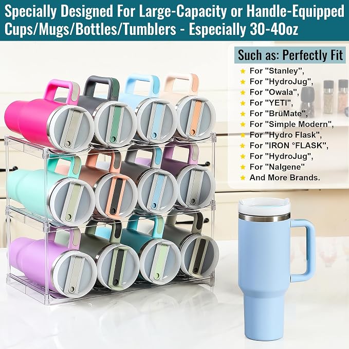 Design for Stanley 40 OZ & Large Bottles & Tumblers with Handle - Acrylic Water Bottle Organizer - Stackable Clear Wine Rack Cup Holder for Home Kitchen Pantry Shelf Countertop Cabinet, 3 Tier Hold 12