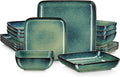 vancasso Stern Dinnerware Sets for 4, 16 Piece Stoneware Plates and Bowls Set, Square Reactive Glaze Ceramic Dish Set with Dinner Plates, Salad Plates, Cereal Bowls and Pasta Bowls, Green
