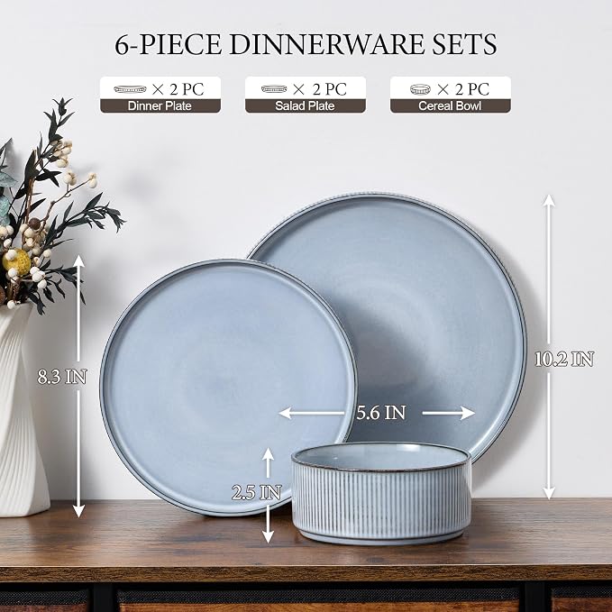 E-far Stoneware Dinnerware Sets for 2, 6-Piece Plates and Bowls Sets, Chip & Scratch Resistant Ribbed Dish Set for Home Restaurant, Microwave & Dishwasher Safe, Dusty Blue
