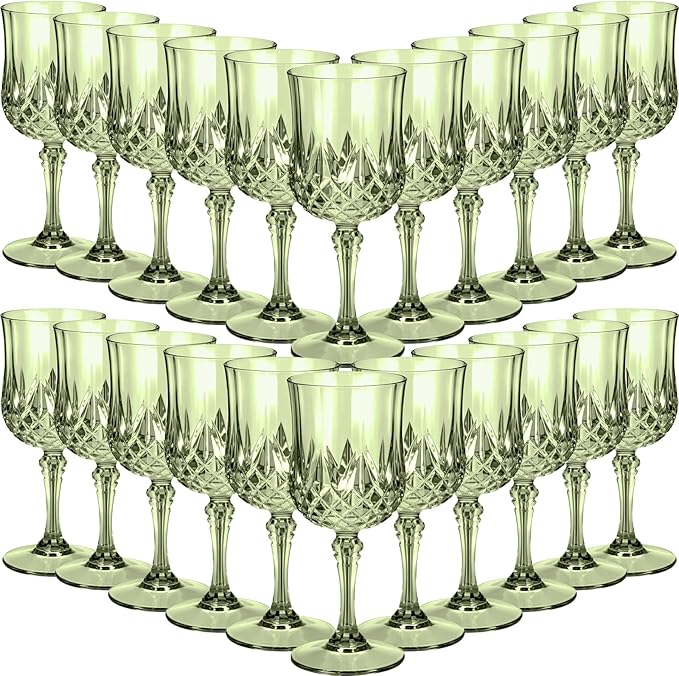 Sliner 48 Pcs 7oz Plastic Vintage Wine Glasses Drinking Goblets Unbreakable Crystal Water Glassware Reusable Diamond Champagne Flutes Cups for Wedding Banquet Birthday Party Supplies (Green)