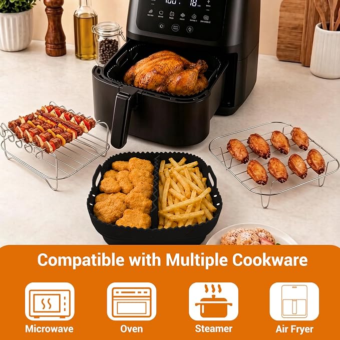Air Fryer Accessories 8-Piece Set, Silicone Liners with Metal Rack, Skewers, Tongs & Gloves for 6QT Square Basket Air Fryer, Dishwasher Safe