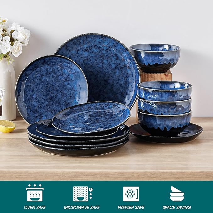 vancasso Starry Dinnerware Set for 4, Handmade Reactive Glaze Stoneware 12 Pieces Plates and Bowls Sets, Dishwasher and Microwave Safe Dish Set, Blue