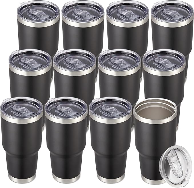 30 oz Tumbler with Lid Stainless Steel Tumblers Bulk Vacuum Insulated Cup Reusable Powder Coated Travel Mug Double Wall Leak Proof Cups Keep Cold Drinks for 12 Hours Black, Set of 12