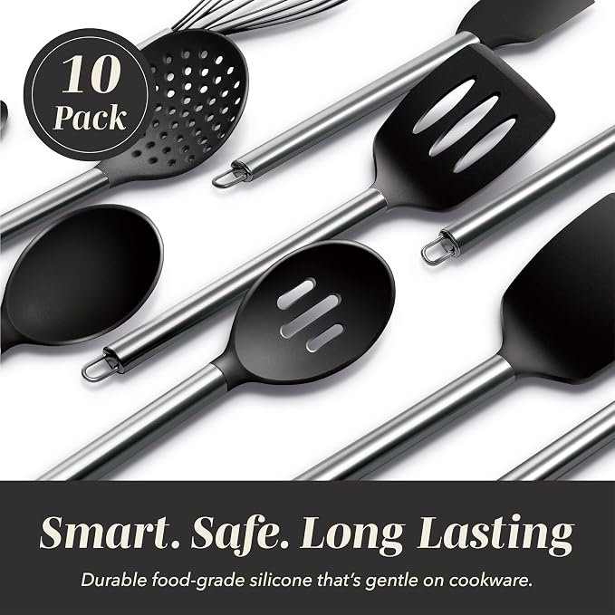 COOK WITH COLOR Silicone Cooking Utensils, Kitchen Utensil Set, Easy to Clean Silicone Kitchen Utensils, Cooking Utensils for Nonstick Cookware, Kitchen Gadgets Set, 10 Pieces, Black