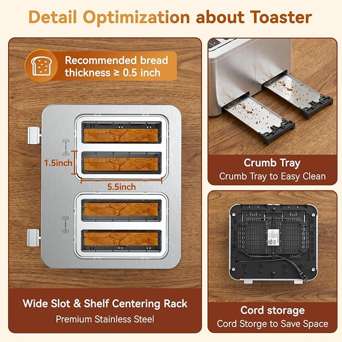 Mecity 4 Slice Touchscreen Toaster, 6 Bread Modes & 6 Browning Levels, Dual Touch Control Wide Slot Stainless Steel Electric Toaster with Memory, Defrost, 3-Min Auto Shutoff for White, Bagels, Waffles