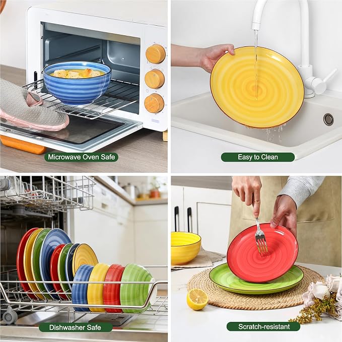 Selamica Ceramic Plates and Bowls Sets,24 Pieces Dinnerware Sets for 8,Scratch Resistant Dish Set for holiday gathering,Dishwasher & Microwave Safe, Dopamine colors