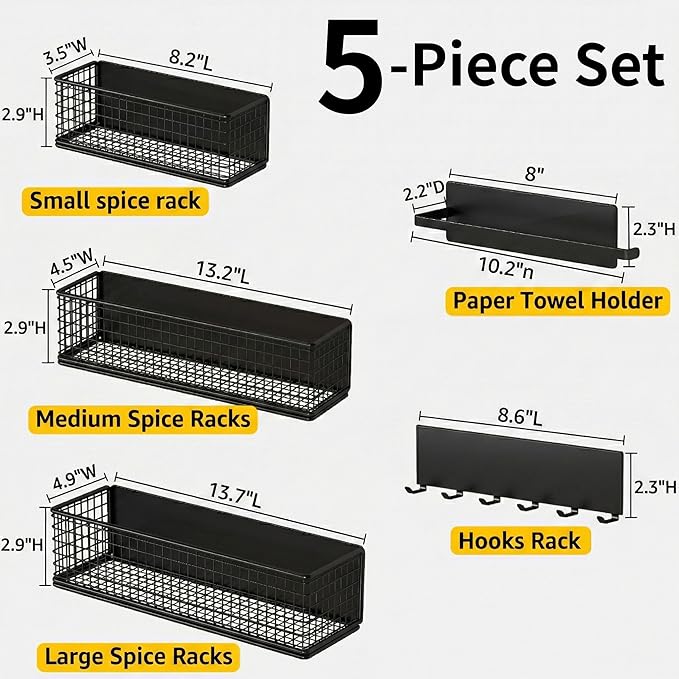 Magnetic Spice Rack Refrigerator,Include Paper Towel Holder And Hooks, For Traeger Grills Of Washing Machine Side (Black, 5-Pack)