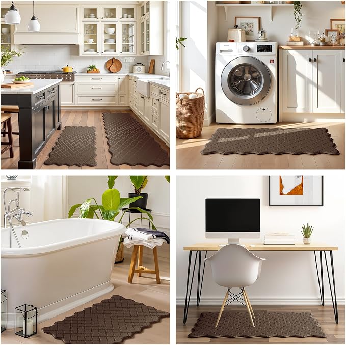 Arenarug Upgrade Scalloped Embossed Kitchen Mats for Floor 2PCS Cushioned Anti Fatigue Waterproof Foam Kitchen Rugs Non Slip Washable Comfort Standing Mat for Sink Laundry, 17.3"x30"+17.3"x59", Brown