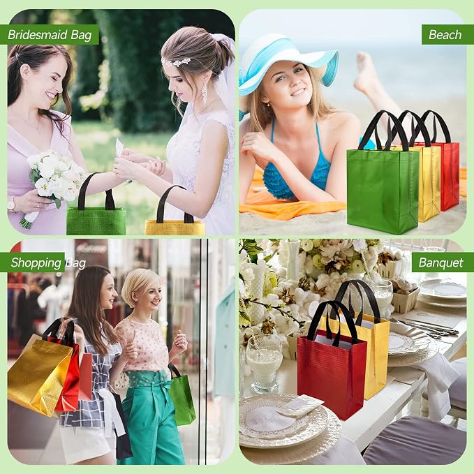 Eccliy Reusable Gift Bags Set Glossy Grocery Gift Tote Bag with Handle for Wedding, Bridal Shower, 4th of July, Summer Event(10 x 8 x 4.7 Inch,Red, Gold, Green with Black Handles,80 Pcs)