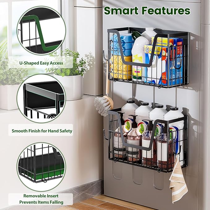 2 Pack Magnetic Shelves for Washing Machine, 15LB Heavy Duty Laundry Organizer, Large Capacity Collapsible Deep Baskets, No Assembly Organizer with Hooks, for Fridge, Dryer, Kitchen Spice Rack