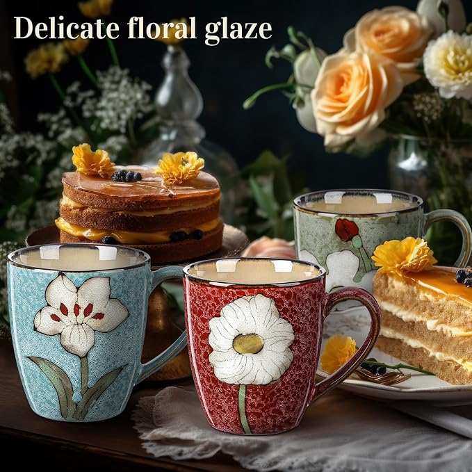 Maxdot 4 Pcs 12oz Ceramic Coffee Mugs Sets Glazing Process Cappuccino Mug Floral Ceramic Tea Cups Idea Gift Set for Women Porcelain Cup for Coffee, Cocoa, Tea, Latte (Retro) (Classic)