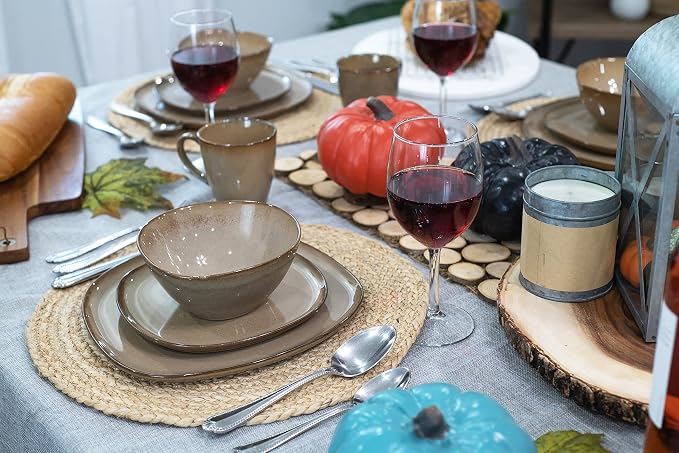 Elanze Designs 16-Piece Modern Luxury Chic Smooth Vintage Handmade Shape High Gloss Ceramic Stoneware Square Plate Mug & Bowl Kitchen Dinnerware 16 Piece Set - Service for 4, Brown