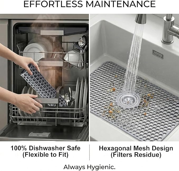 Silicone Sink Protectors for Kitchen - Non-Slip Heat Resistant Grid Mat for Farmhouse Porcelain Stainless Steel, Protects & Cushions Your Sink(Gray 1PCS, 26"x14" Center Drain)
