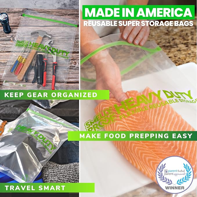 Smelly Proof Reusable Storage Bags Bundle: 15-Pack Clear Heavy Duty Bags, 5mil, USA-Made, PEVA & BPA-Free, Dishwasher-Safe, Triple Track Trilock Zipper Bags