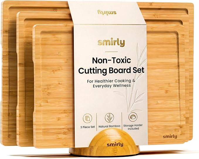 SMIRLY Bamboo Cutting Boards for Kitchen - Wood Cutting Board for Meal Prep, Serving, Charcuterie - Kitchen Gadgets, House Warming Gifts - Wooden Chopping Board Set of 3 with Holder - Natural Bamboo