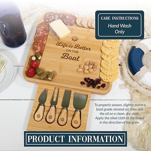 Pavilion - Life Is Better On The Boat - Square Cheese Board & Knife Set with Hidden Drawer, Charcuterie Board, Bread Board, 1 Count - Pack of 5, 13 x 13 x 1.25-Inches