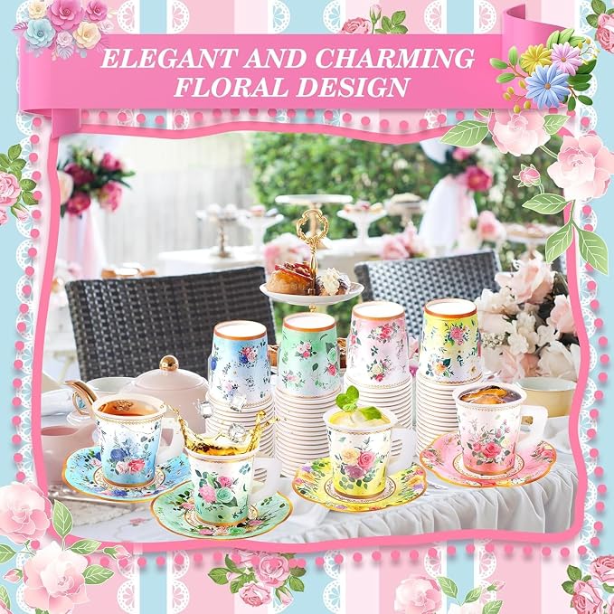 Jasni 168 Pcs Floral Paper Tea Cups and Saucers Set, Severs Disposable Tea Party Supplies 6 Inch Plate, Saucer, Napkin, Paper Tea Cups with Handle for Tea Party Decorations