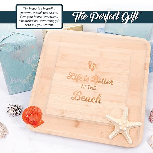 Pavilion - Life Is Better At The Beach - Square Cheese Board & Knife Set with Hidden Drawer, Charcuterie Board, Bread Board, 1 Count - Pack of 5, 13 x 13 x 1.25-Inches
