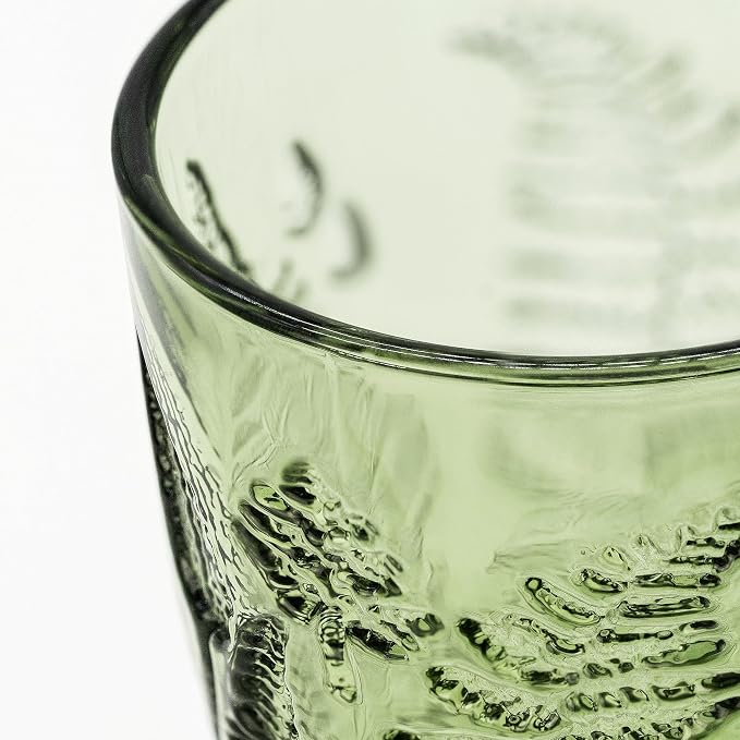 Green Drinking Glasses Mixed Set of 8, 12 oz Highball & 10 oz Lowball Hand-Pressed Glass Cups, Fern Embossed Textured Tumblers, Colored Vintage Glassware for Water, Cocktails, Juice, Housewarming Gift
