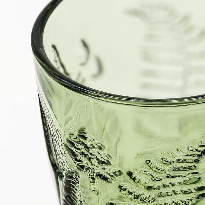 Vintage Green Drinking Glass, 10 oz Hand-Pressed Deep Textured Glass Cup, Fern Embossed Retro Glassware, Decorative Tumbler for Water, Cocktails & Juice, Boho Colored Kitchen Drinkware, Unique Gift