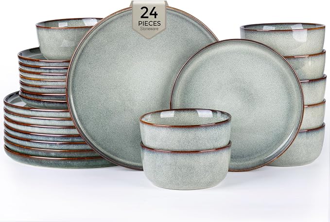 GBHOME Dinnerware Sets for 8, 24 Pieces Stoneware Plates and Bowls Sets, Scratch Resistant Dishes, Dishwasher & Microwave Safe, Reactive Glaze
